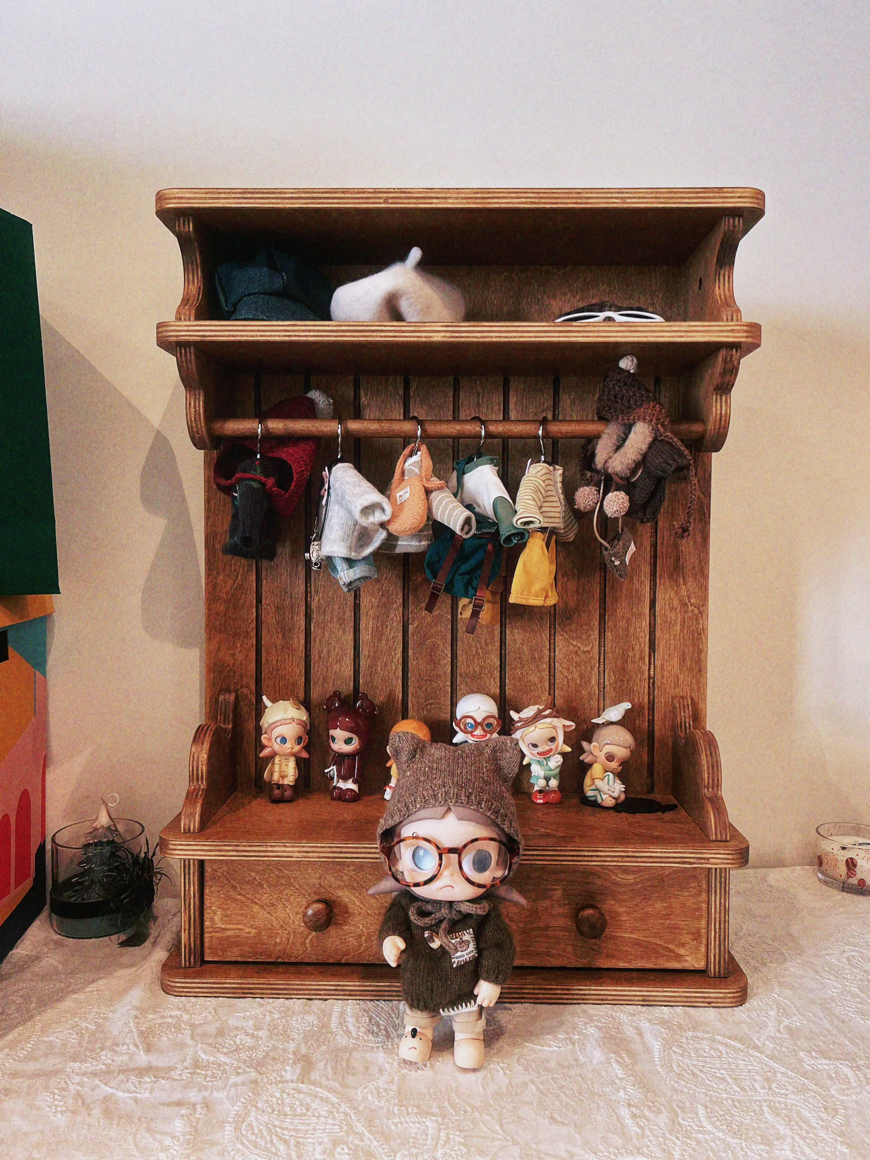 wooden pet clothes organizer in a customer's home - Vintage Wooden Pet Wardrobe Shelf with Drawers